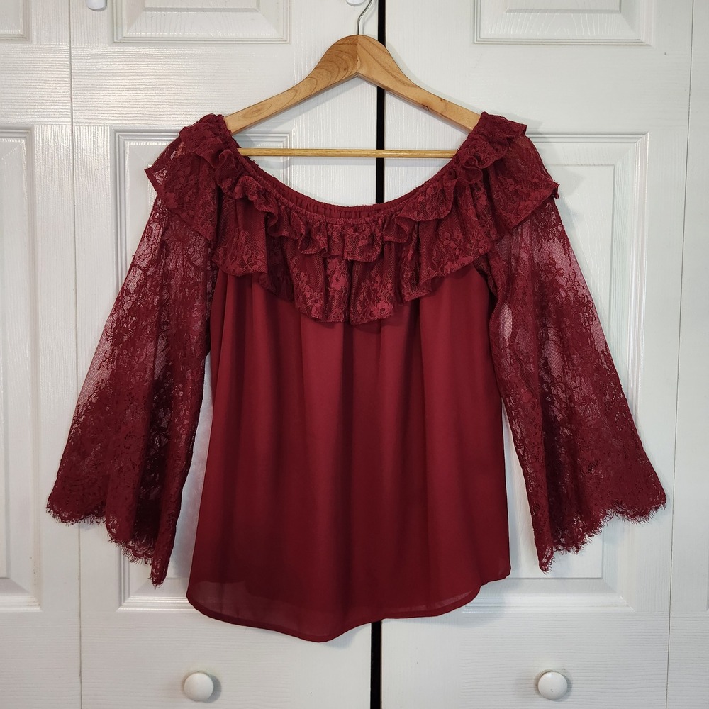 Bold Elements Maroon Lace Bell Sleeve On/Off The Shoulder Ruffle Blouse Large